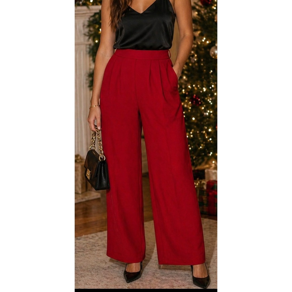 Vtg Peter Nygard 100% Silk Red Pleated High-Rise Wide-Leg Trousers Womens 14 EUC